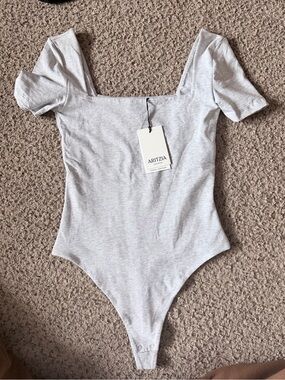 Aritzia Gray Ribbed Square-Neck Bodysuit